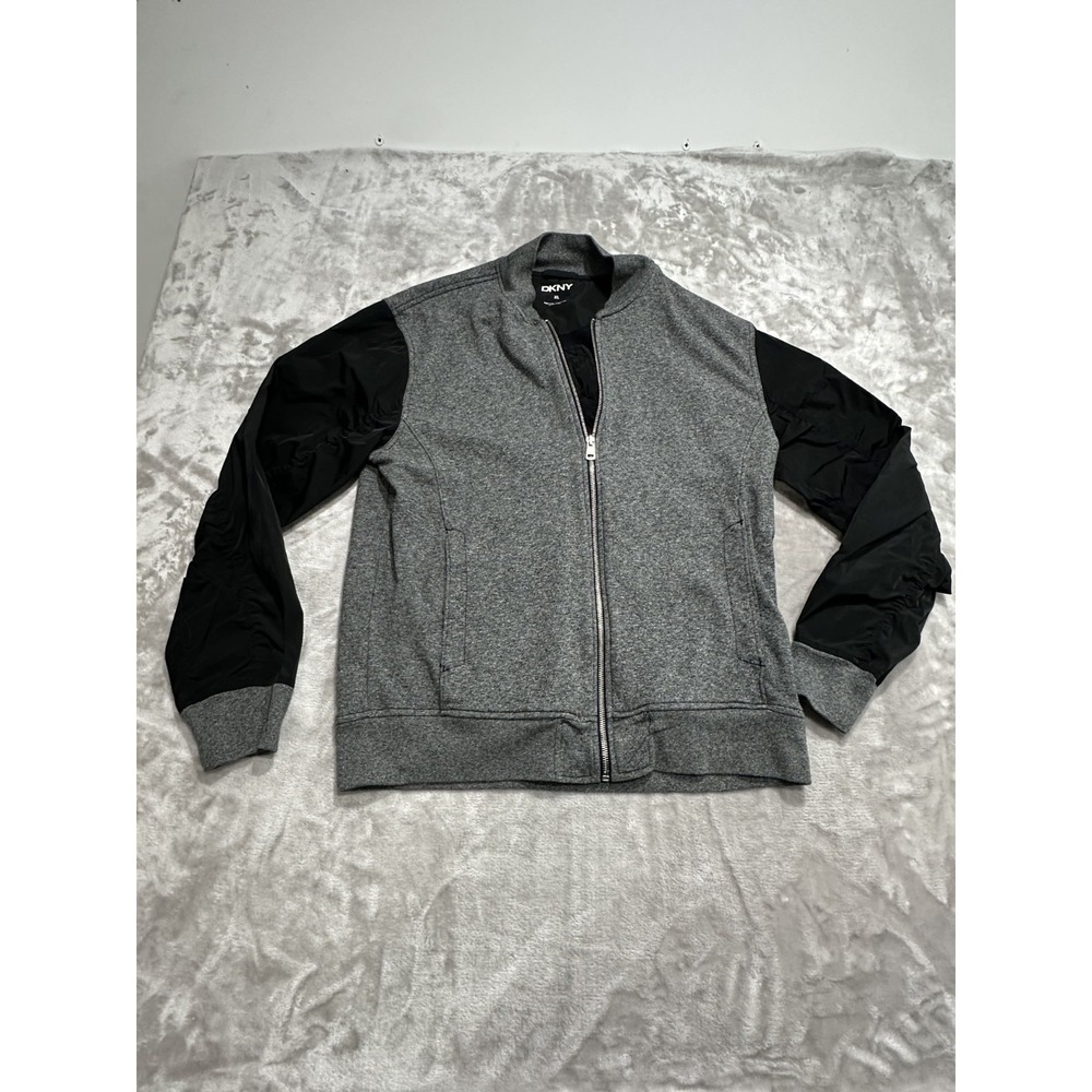 DKNY Jacket Sweatshirt Men's Size XL Gray Black Sleeves Full Zip Up Two Tone EUC